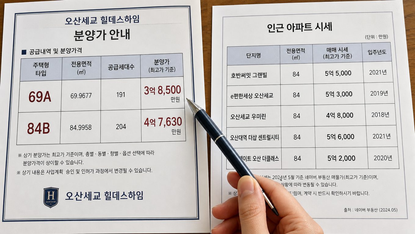 오산세교힐데스하임 실거래가와 분양가 비교